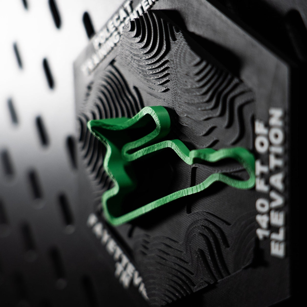 Polecat Training Center hex at a raking angle, green loop above deep contour terracing