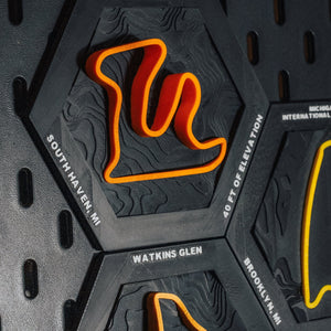 Mid-Ohio hex shown with the Downforce 3D circuit range on pegboard