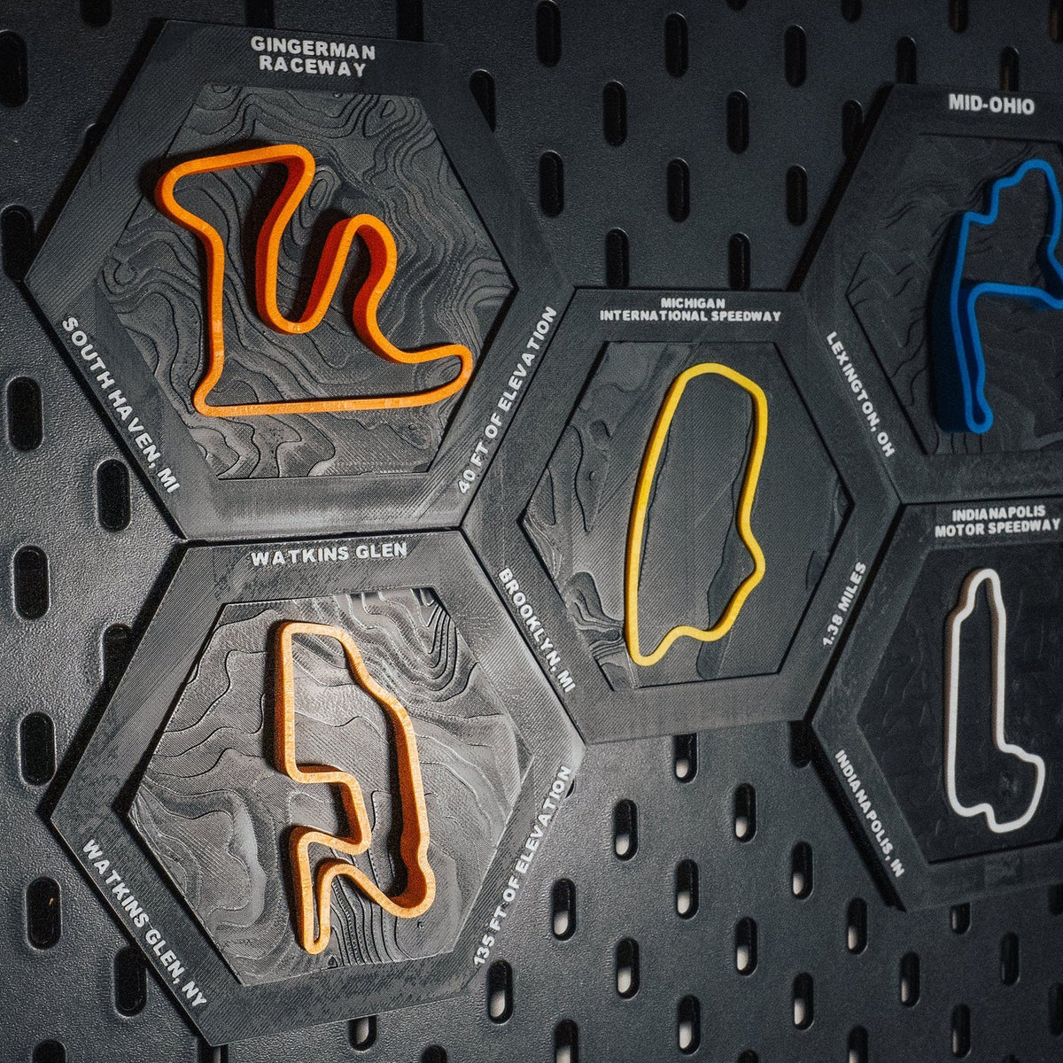 Mid-Ohio hex among six Downforce 3D topographic circuit tiles