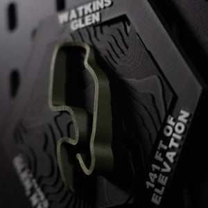 Watkins Glen hex angled, olive circuit and the engraved 141 ft of elevation on the rim
