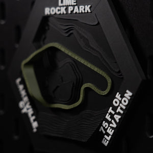 Lime Rock Park hex three quarter view, olive circuit and the engraved 75 ft of elevation