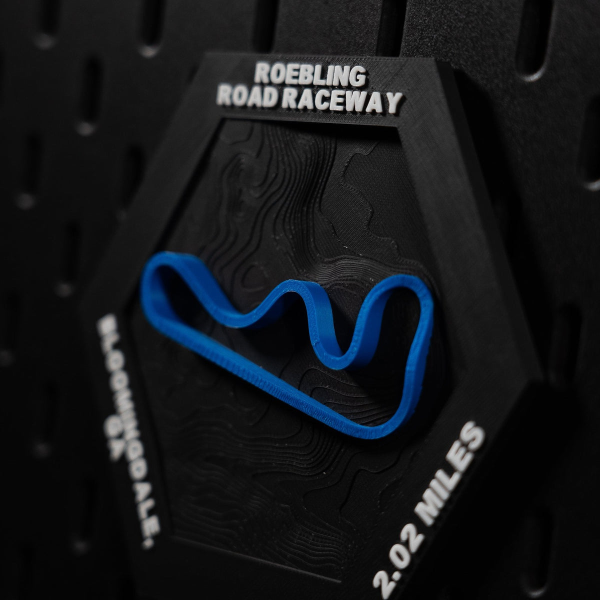 Roebling Road Raceway hex angled, blue esses in relief under the engraved circuit name