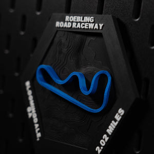 Roebling Road Raceway hex angled, blue esses in relief under the engraved circuit name