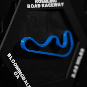Roebling Road Raceway hex angled left, blue lap above engraved Bloomingdale, GA