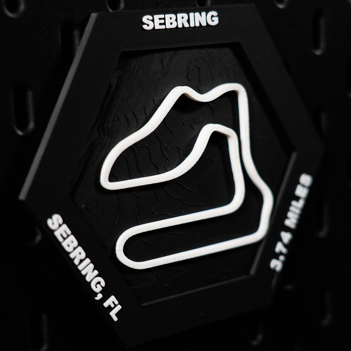 Sebring hex angled, high contrast white lap with Sebring, FL and 3.74 miles engraved