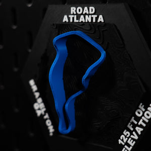 Road Atlanta hex angled, blue ribbon tracing the esses under the engraved circuit name