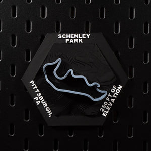 Schenley Park hex flat on black pegboard, pale blue street circuit over terraced terrain