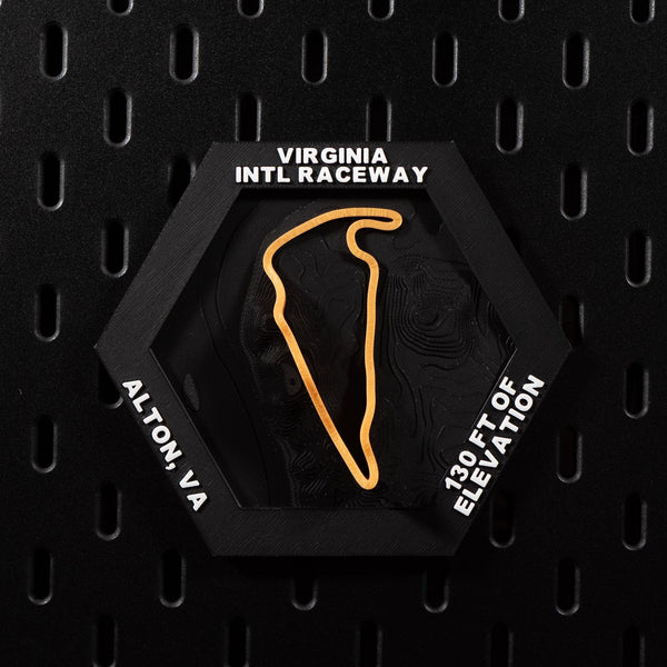 Virginia International Raceway hex flat on black pegboard, orange circuit loop on black terrain