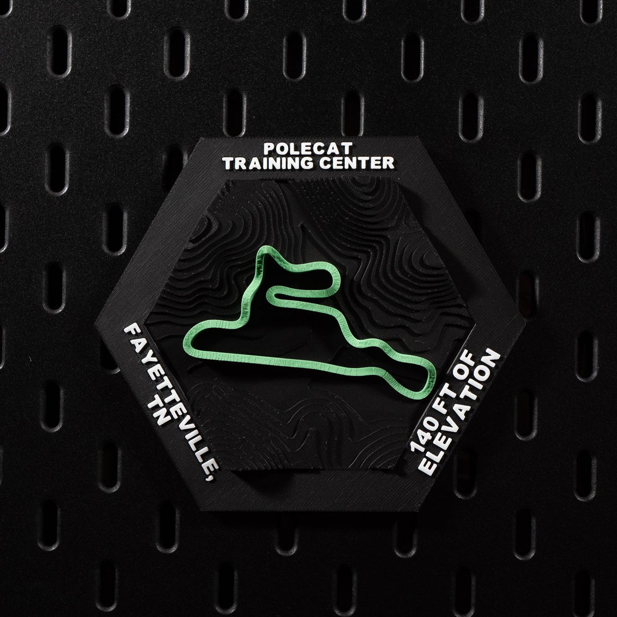 Polecat Training Center hex flat on black pegboard, bright green circuit loop on terraced terrain